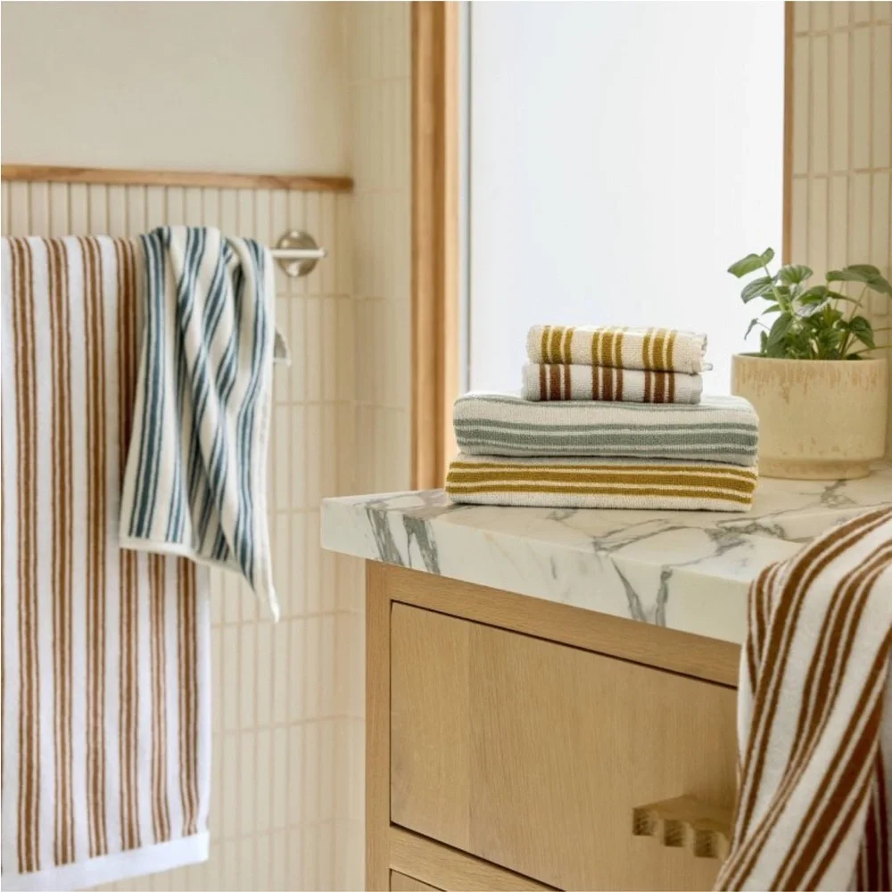 2!!!! PARACHUTE NWT striped supersoft bath towel -parchment & absinthe
